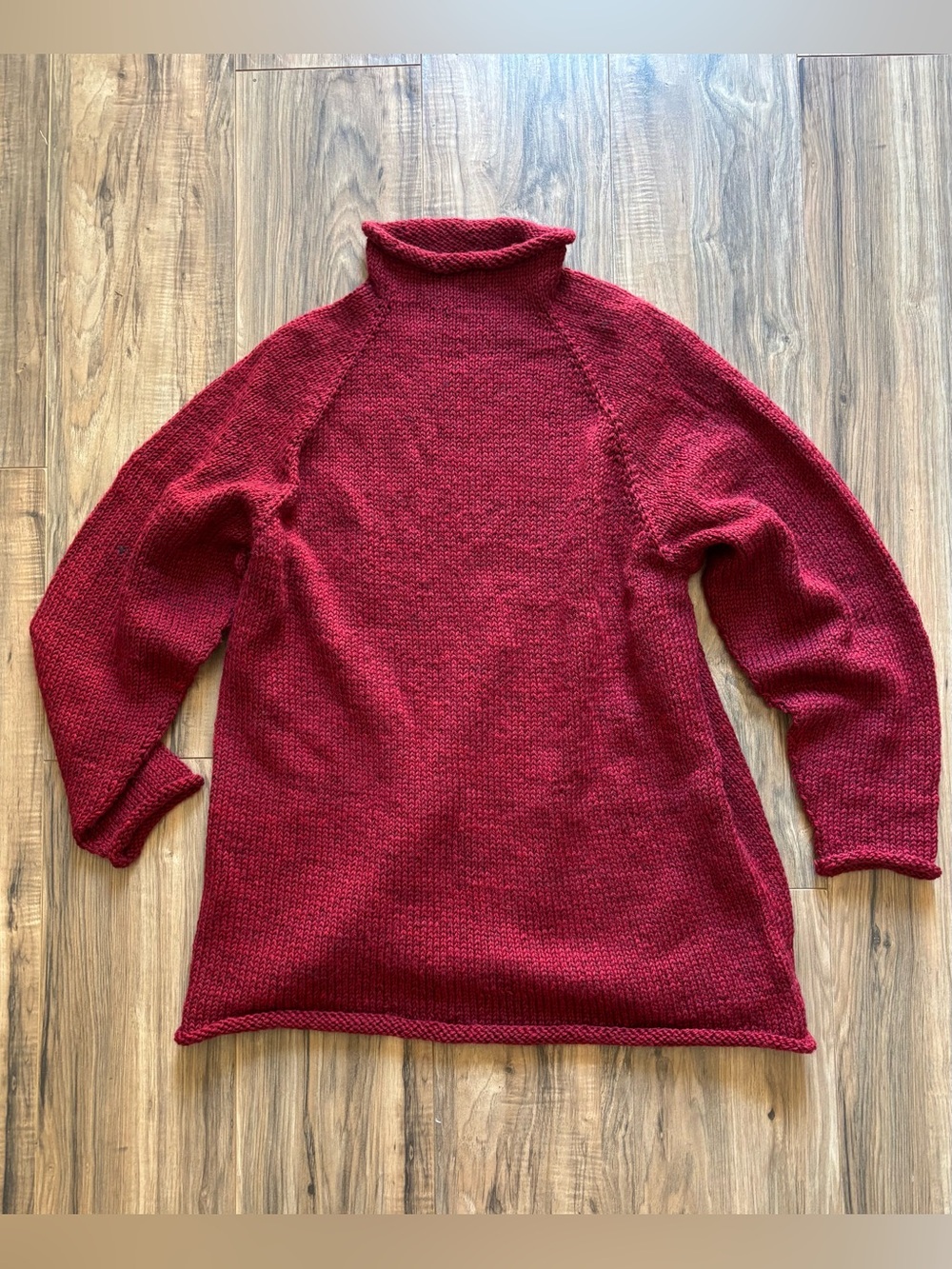 Hand Knit 100% Wool Mock Turtleneck Sweater Deep Red Rolled Hem Size 1X Handmade